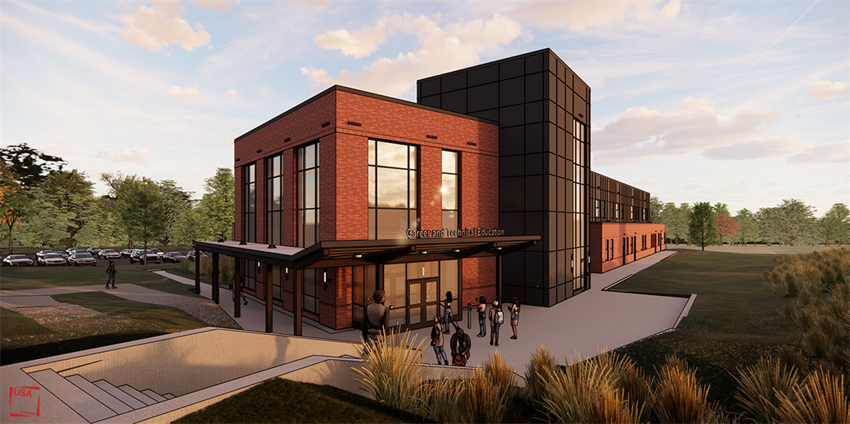 A rendering of large brick educational building, with an awning wrapped around the front corner. Stairs starting on the left of the image sloped down the hill towards the building to the concrete patio outside the building, with a small cluster of rendered people standing on it.